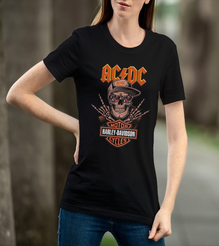 Acdc Harley Davidson Skull With Motorcycles Reflection And Lightning T-Shirt