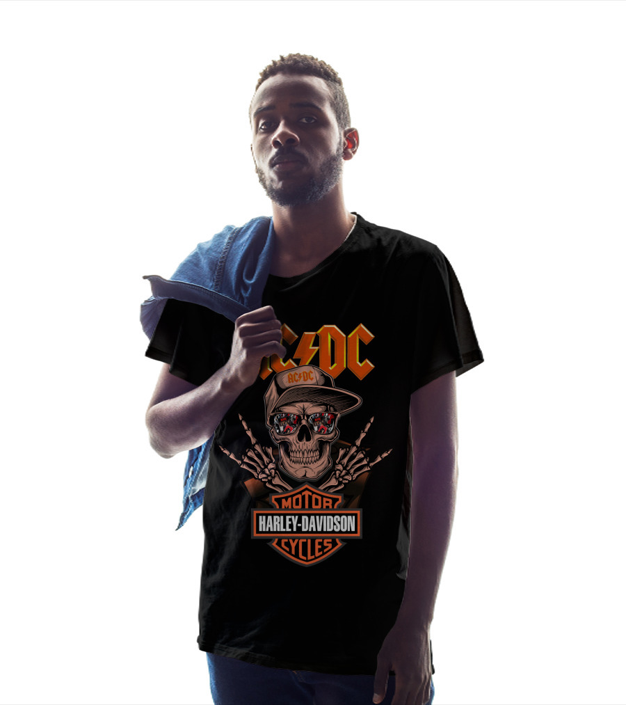 Acdc Harley Davidson Skull With Motorcycles Reflection And Lightning T-Shirt