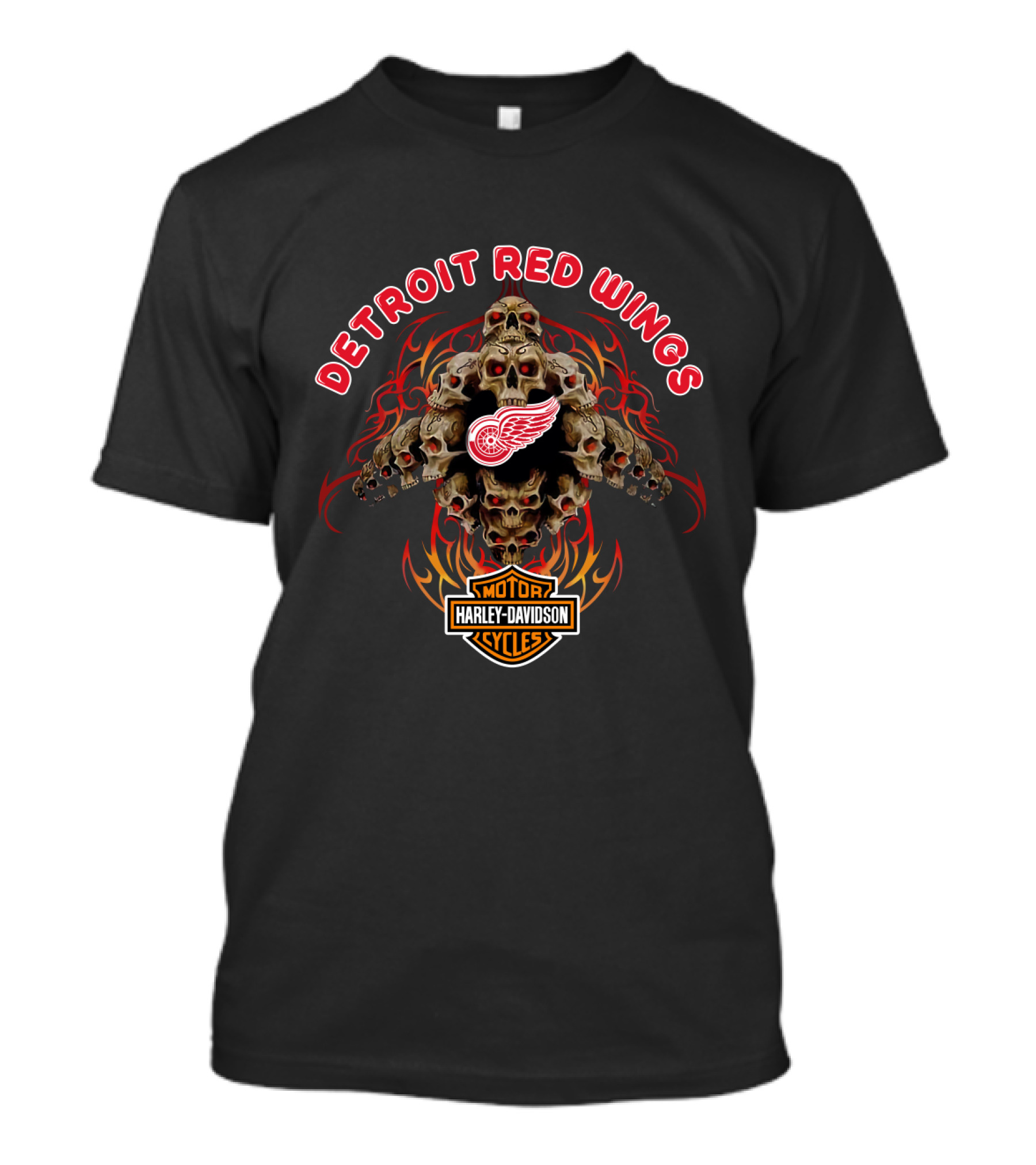 Detroit Red Wings Harley Davidson Skull Flames T-Shirt