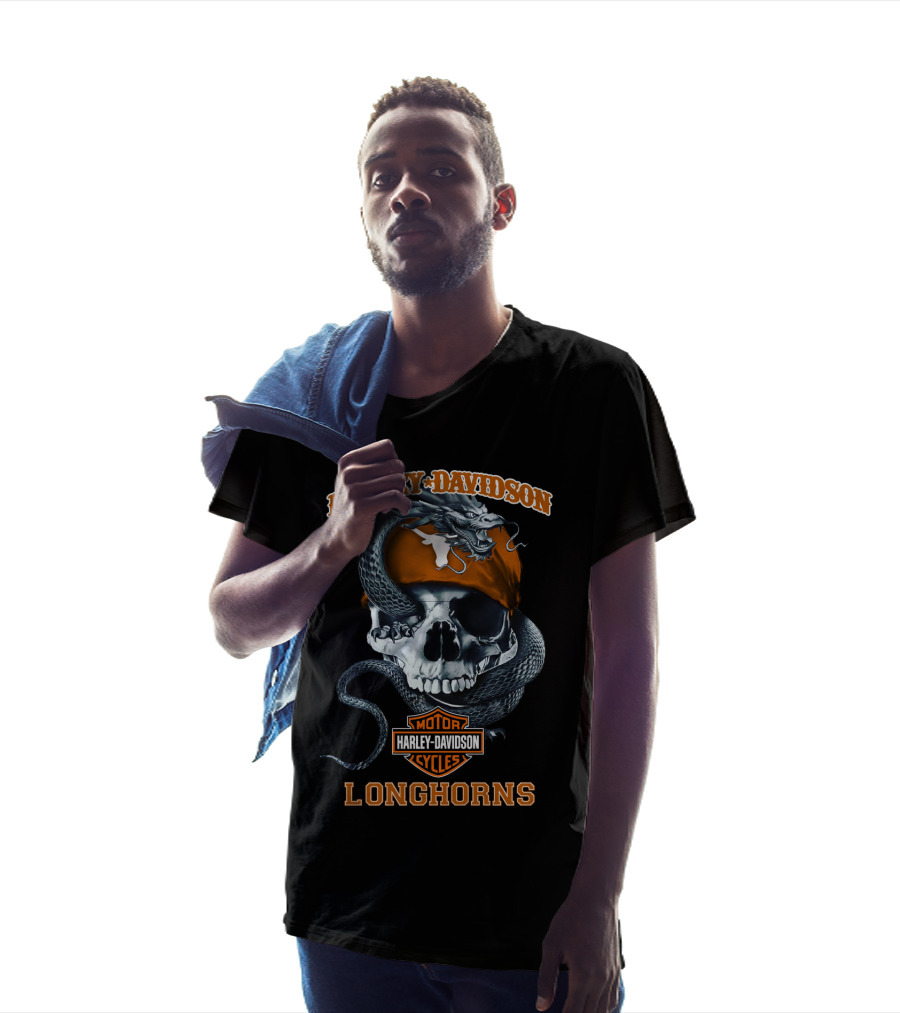 Harley Davidson Motor Cycles Skull With Snake And Texas Longhorns T-Shirt