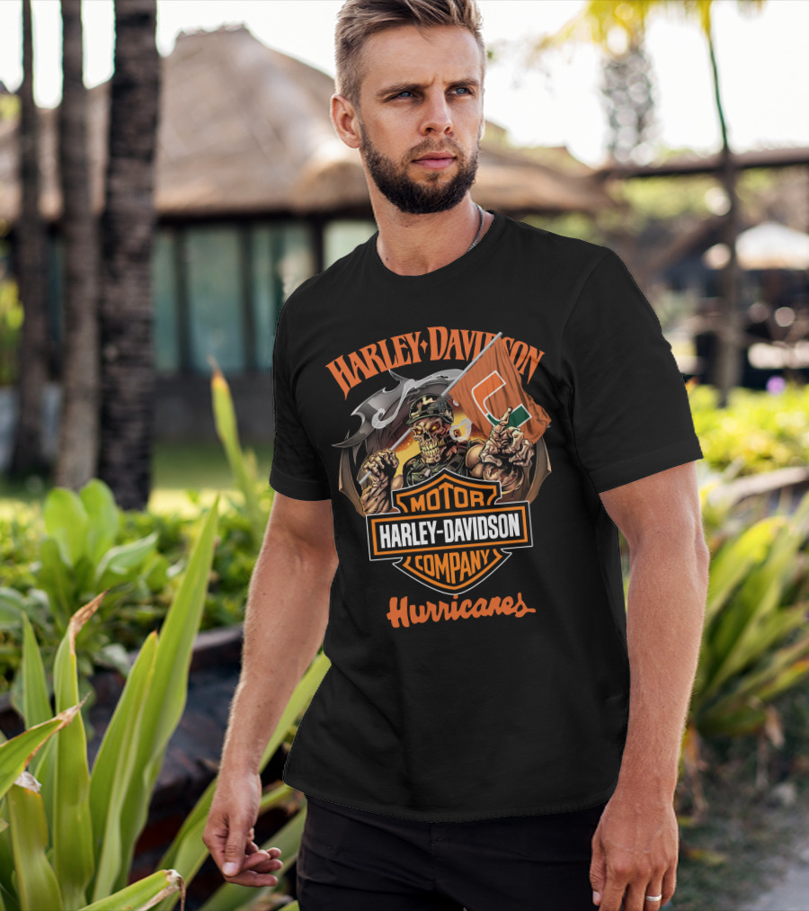 Harley Davidson Motor Company Hurricanes Miami Skeleton Flag T-Shirt