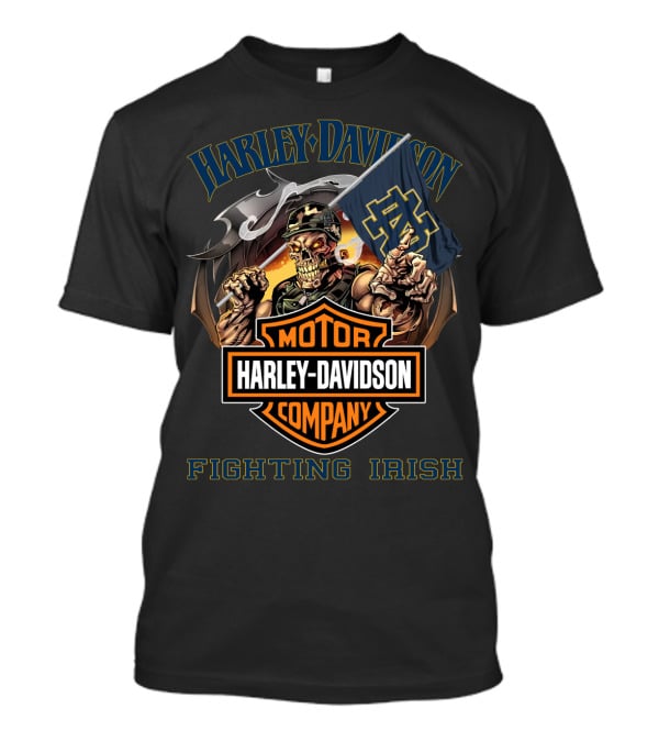 Harley Davidson Company Fighting Irish Notre Dame Flag Skeleton Rider T-Shirt
