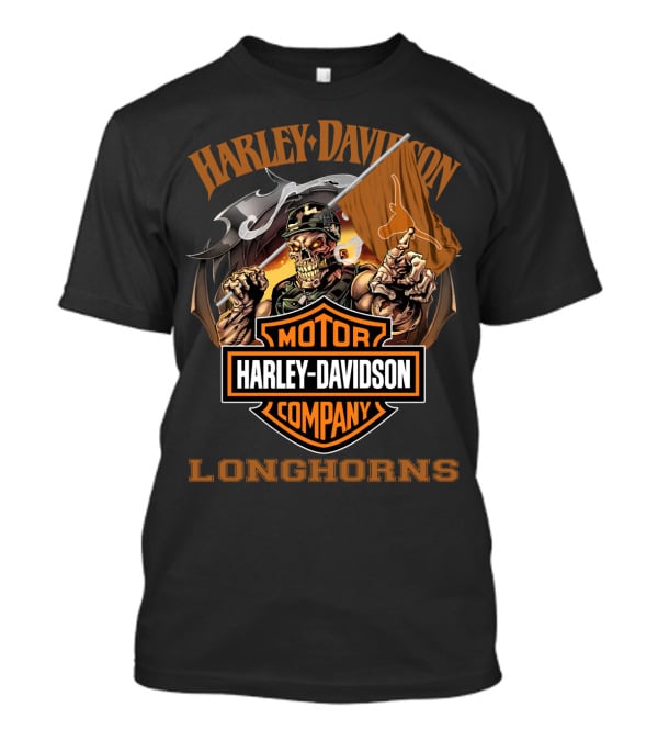 Harley Davidson Longhorns Skeleton With Flag Motor Company T-Shirt