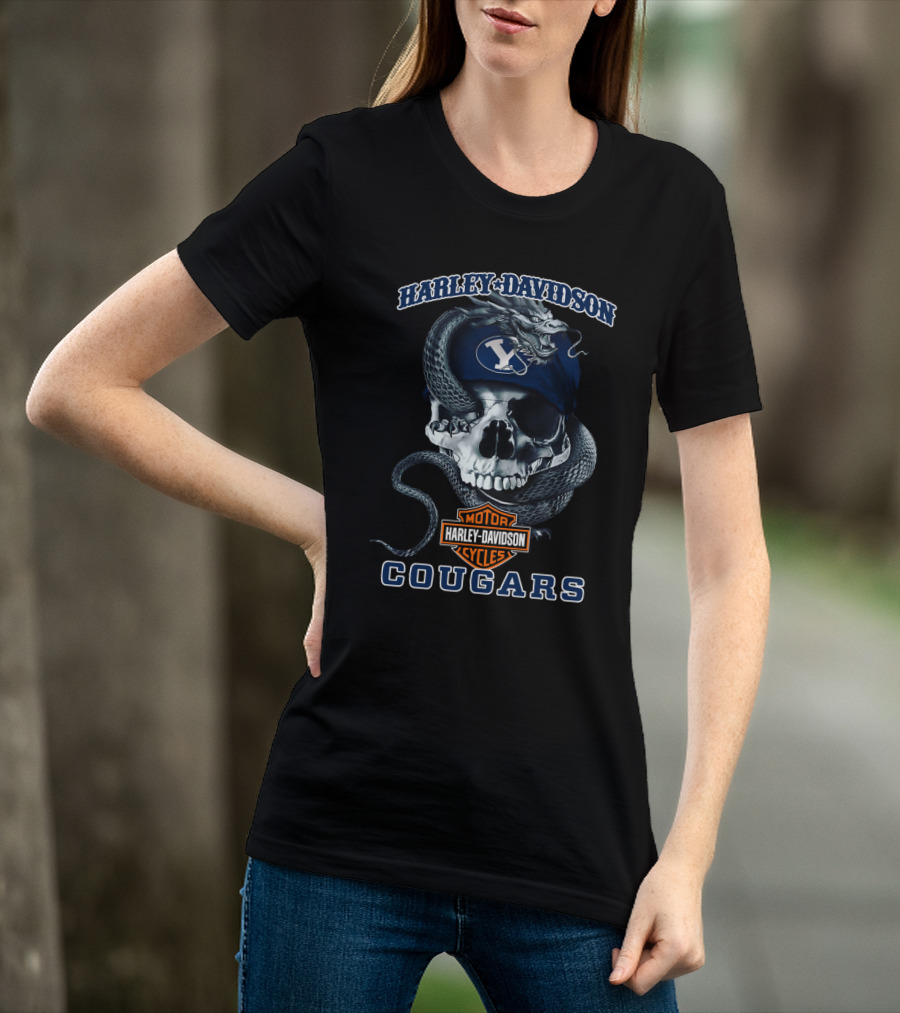 Harley Davidson Cougars Skull Snake Byu 68 Motor Cycles T-Shirt