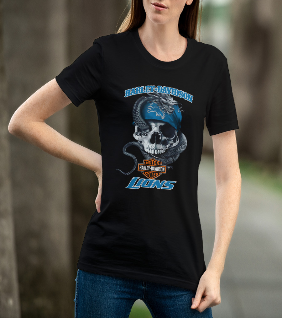 Harley Davidson Motor Cycles Detroit Lions Snake Skull T-Shirt