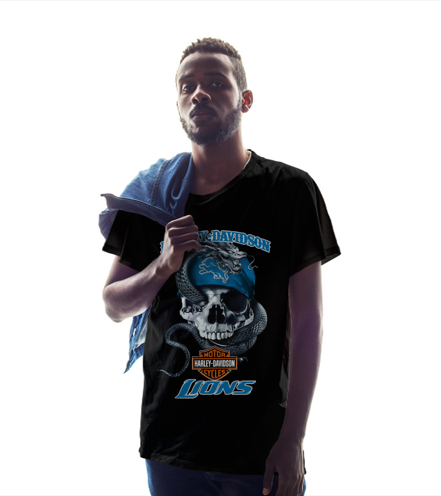 Harley Davidson Motor Cycles Detroit Lions Snake Skull T-Shirt