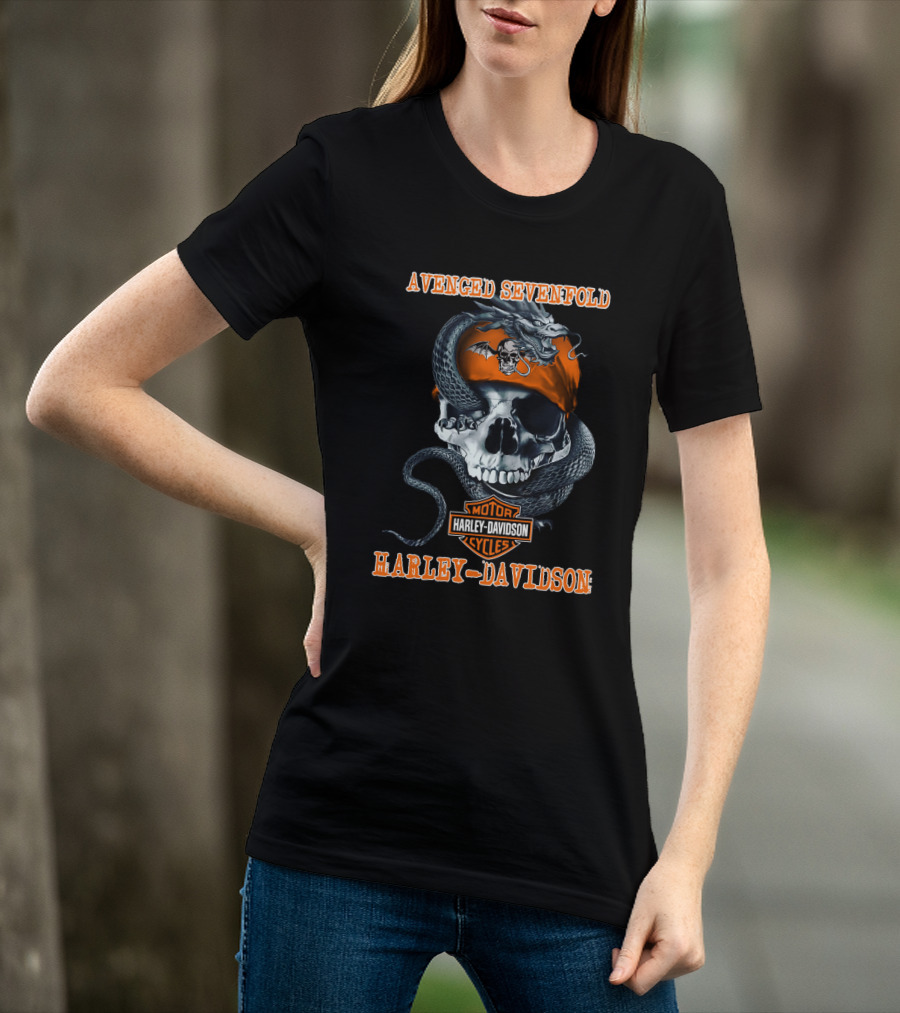 Avenged Sevenfold Harley Davidson Motorcycles Skull With Snake And Orange Bandana T-Shirt