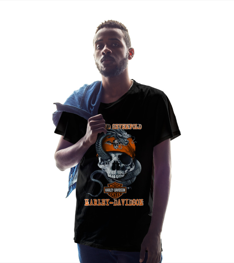 Avenged Sevenfold Harley Davidson Motorcycles Skull With Snake And Orange Bandana T-Shirt