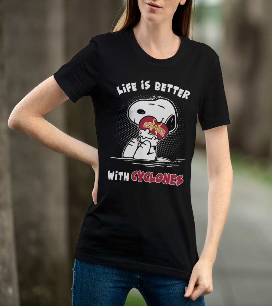 Life Is Better With Cyclones Iowa State Snoopy Hugging Football T-Shirt