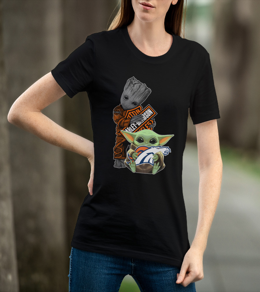 Harley Davidson Groot Baby Yoda Denver Broncos Nfl Collaboration T-Shirt