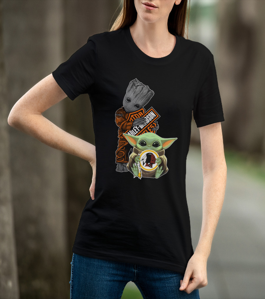 Groot Holding Harley Davidson Logo With Baby Yoda And Washington Redskins Symbol T-Shirt