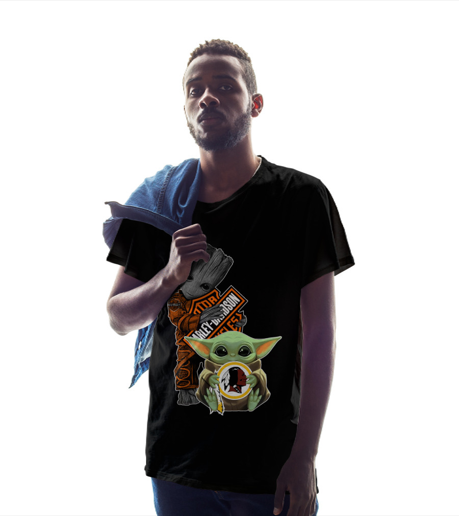 Groot Holding Harley Davidson Logo With Baby Yoda And Washington Redskins Symbol T-Shirt