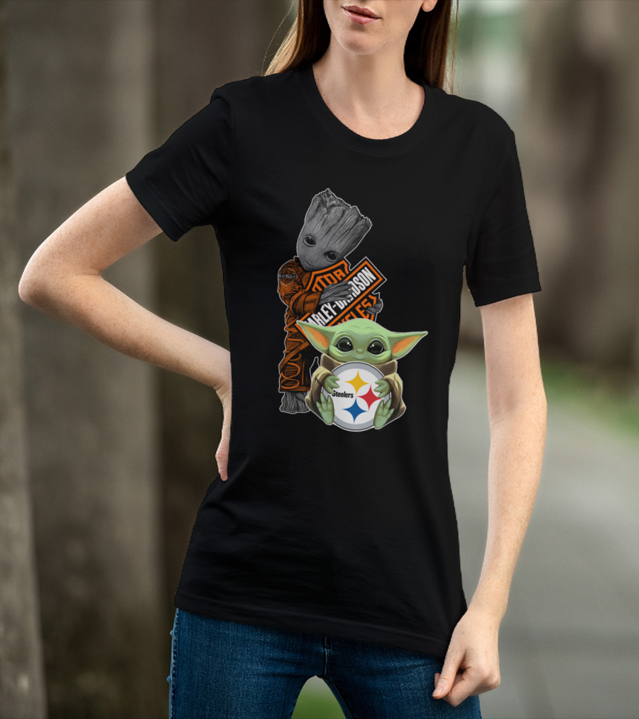 Baby Yoda And Groot Harley Davidson Steelers Crossover T-Shirt