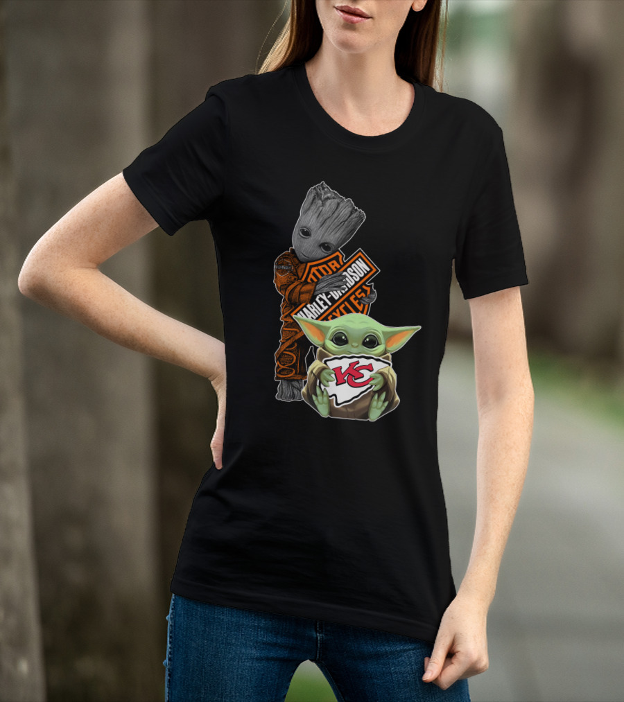 Harley Davidson Groot With Kansas City Chiefs Baby Yoda T-Shirt