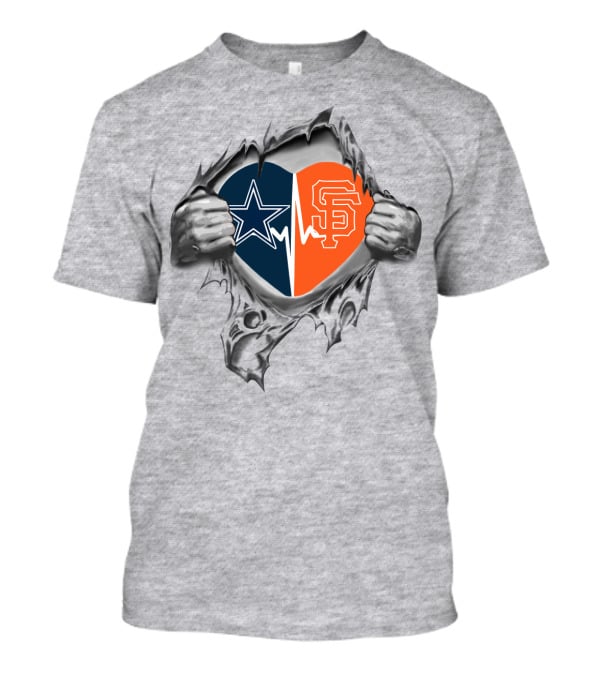 Cowboys Giants It's In My Heart Star And SF Logo Heartbeat T-Shirt