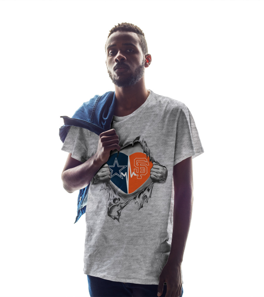Cowboys Giants It's In My Heart Star And SF Logo Heartbeat T-Shirt