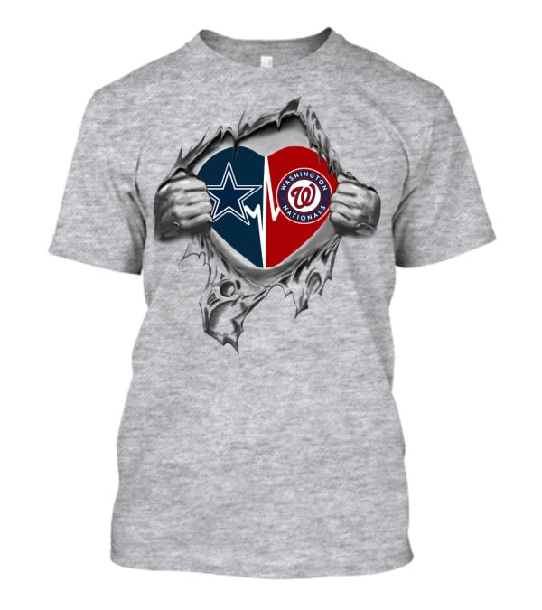 Cowboys And Washington Nationals Heart Symbol With Ripped Hands T-Shirt