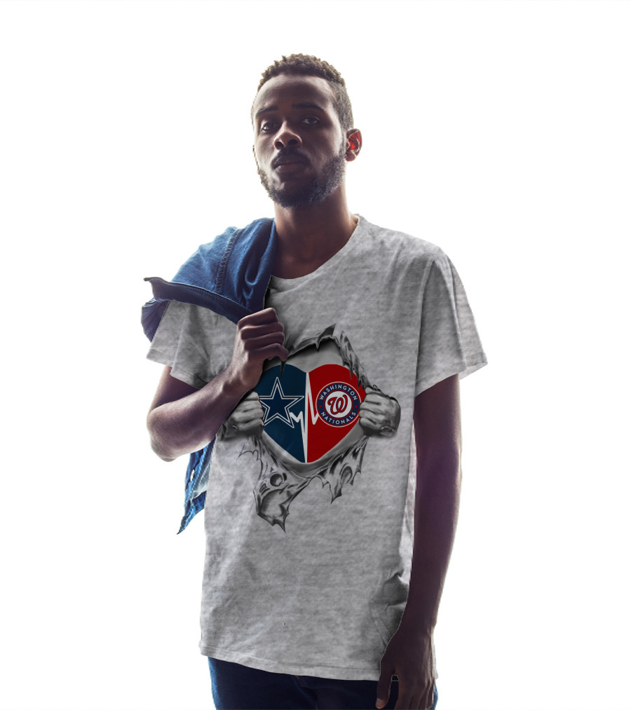Cowboys And Washington Nationals Heart Symbol With Ripped Hands T-Shirt