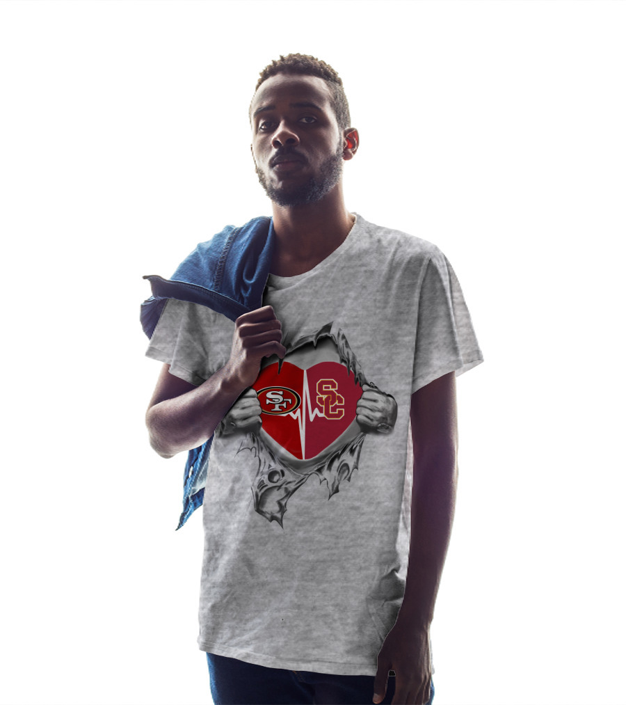 49Ers Trojans Heartbeat With SF And SC T-Shirt