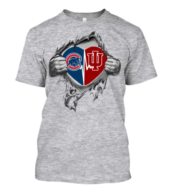 Cubs Hoosiers Heart Tear Featuring Cubs And Indiana Logos T-Shirt