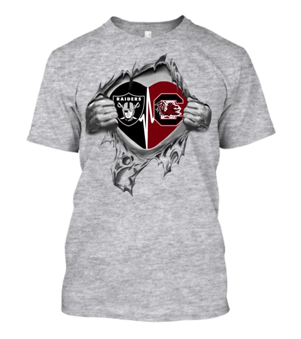 Raiders Gamecocks Heartbeat Loyalty Symbol With Torn Silver Hands T-Shirt