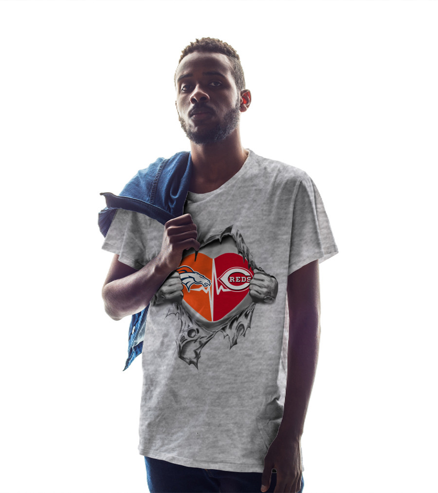 Broncos Reds Heartbeat Passion Football Baseball Iconic Logos T-Shirt