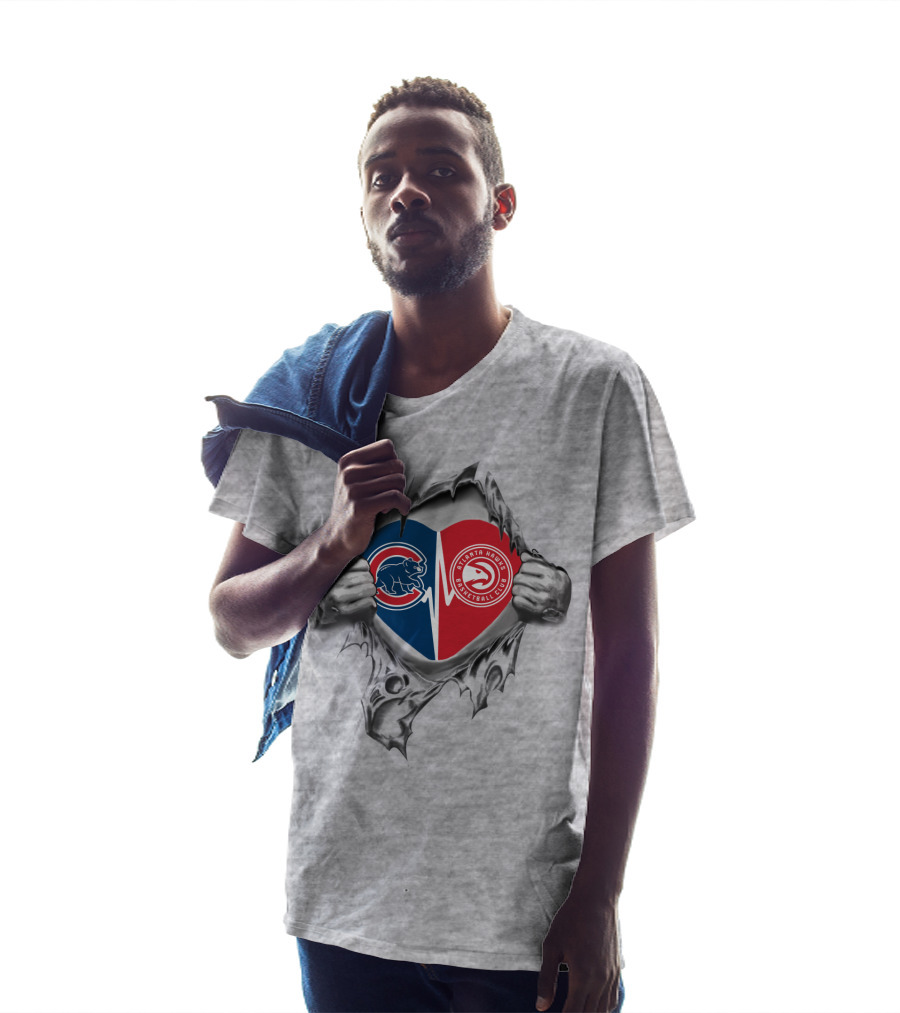 Cubs Hawks Heart With Chicago And Atlanta Logos On Torn Background T-Shirt