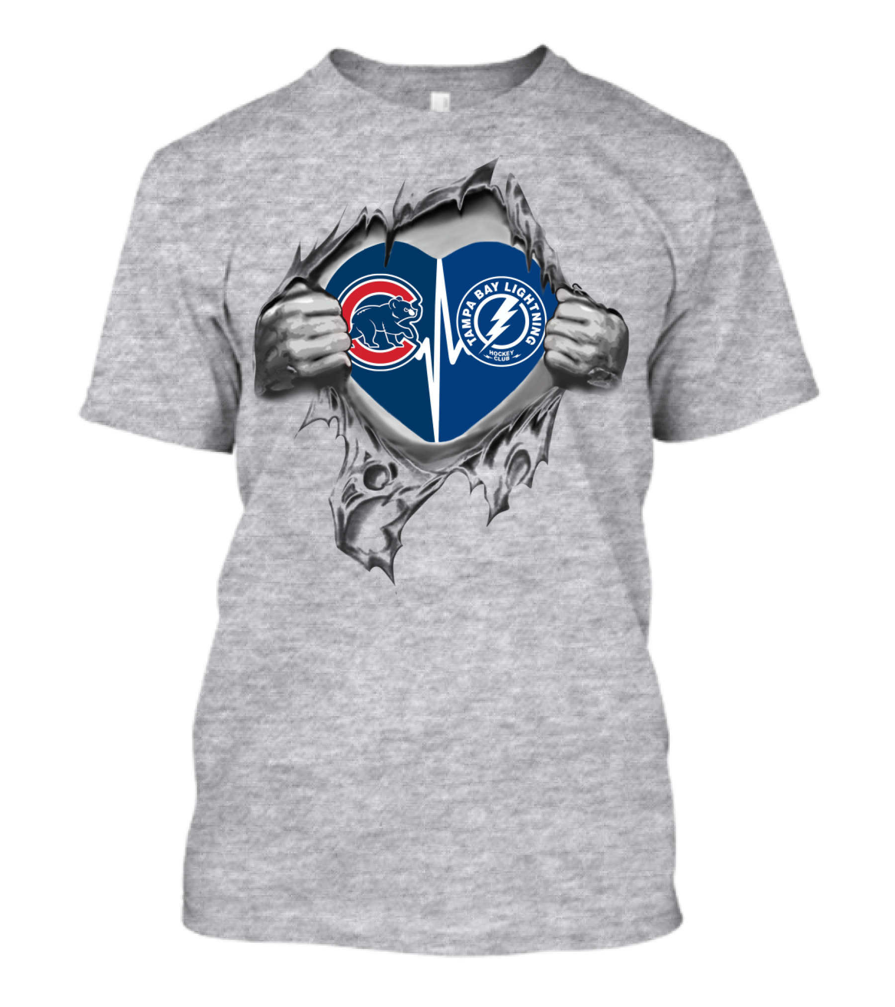 Cubs And Tampa Bay Lightning Heart Torn Open T-Shirt