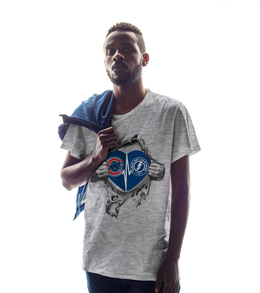 Cubs And Tampa Bay Lightning Heart Torn Open T-Shirt