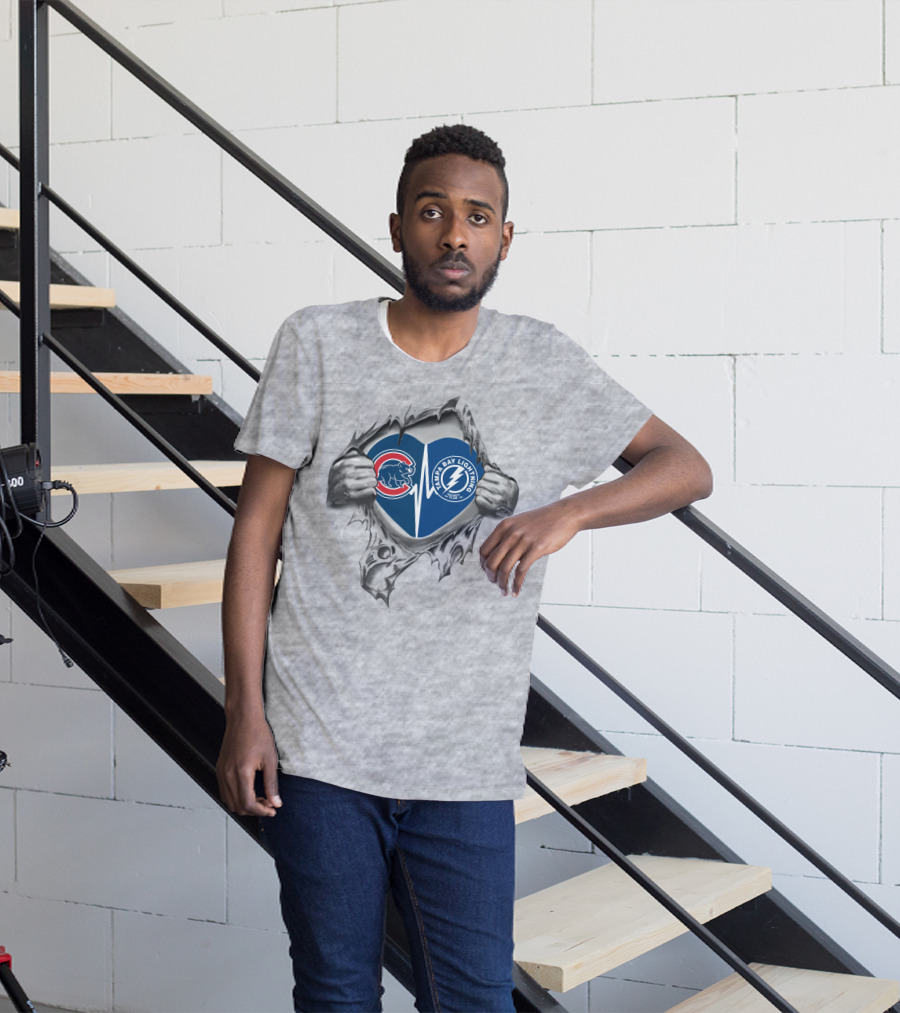 Cubs And Tampa Bay Lightning Heart Torn Open T-Shirt