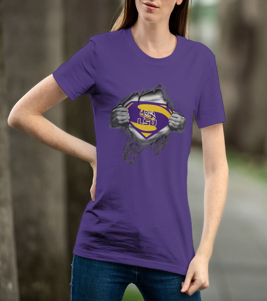 LSU Tigers Superman Logo With Hands Ripping Purple T-Shirt