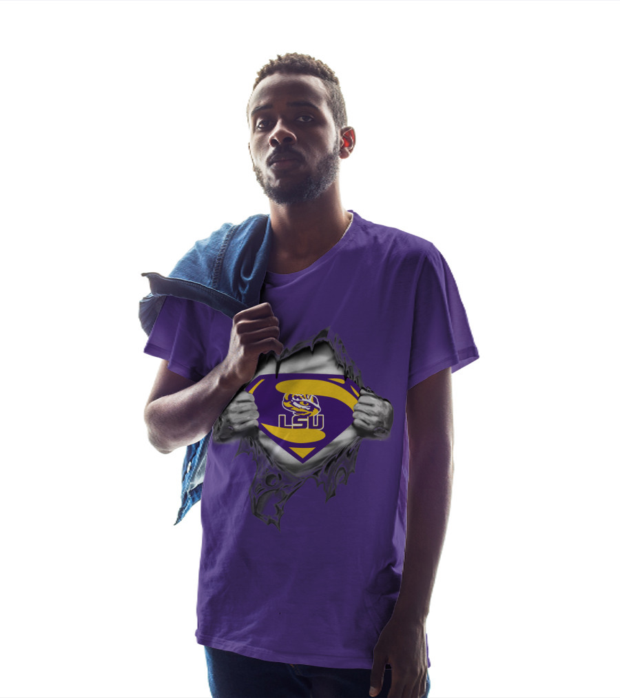 LSU Tigers Superman Logo With Hands Ripping Purple T-Shirt