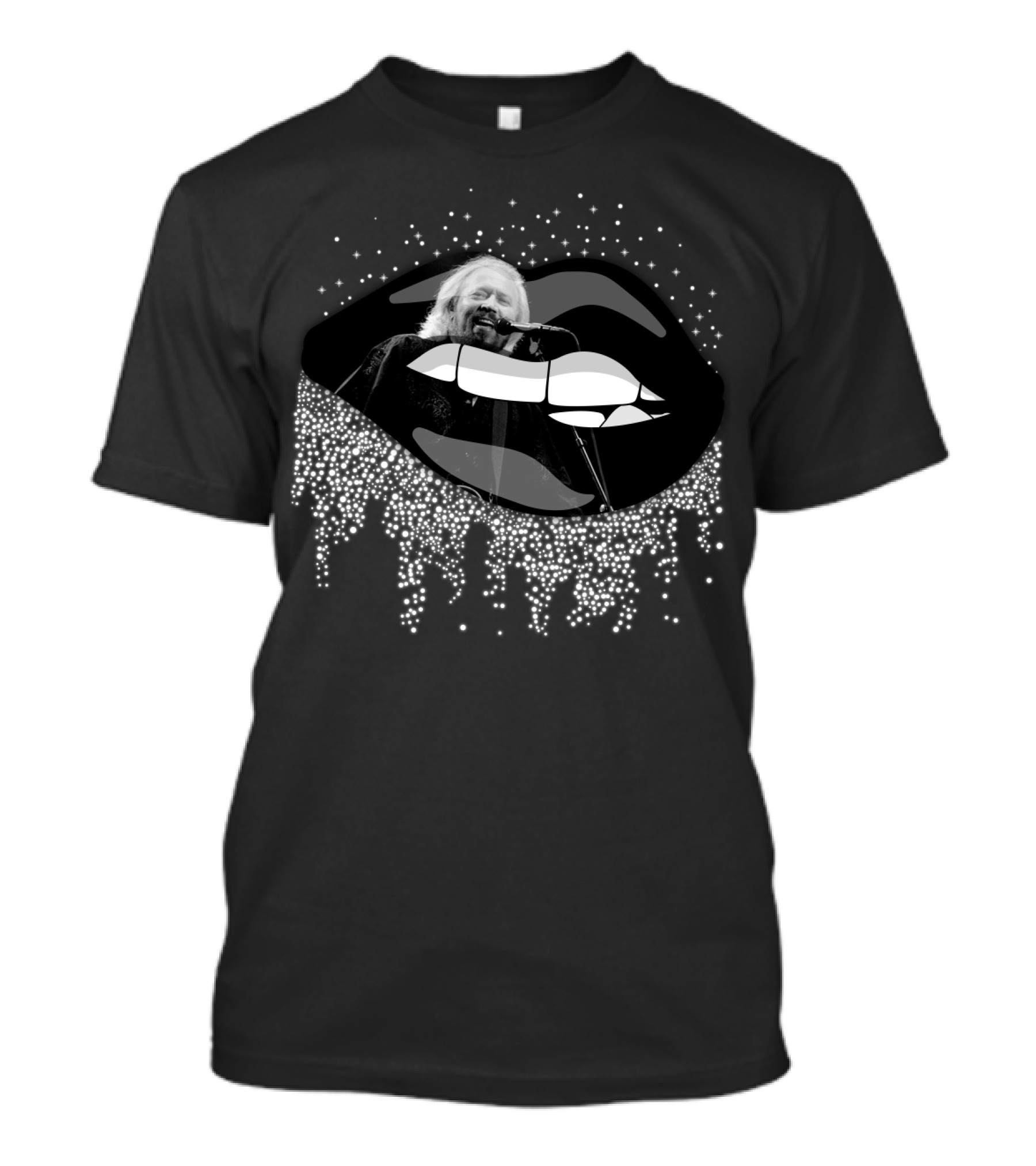 Barry Gibb Image In Sparkling Lip Motif T-Shirt