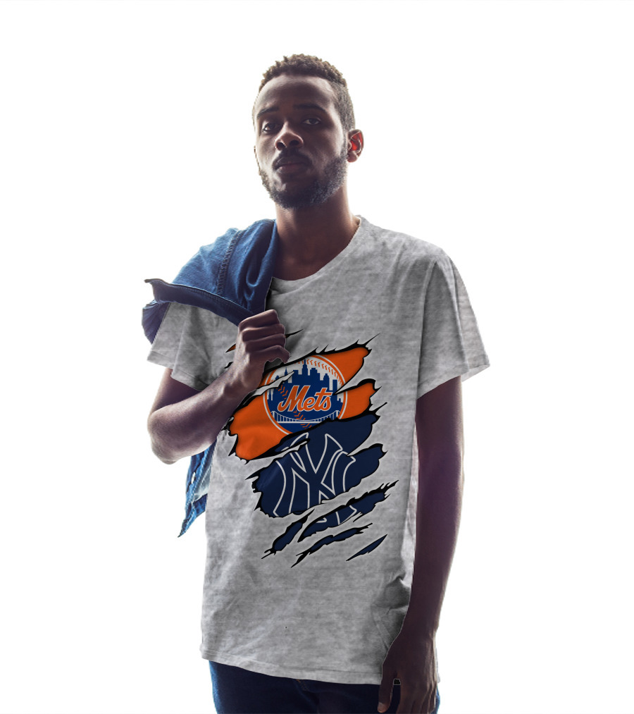Mets Yankees Logo Tear Skyline Baseball Rivalry T-Shirt