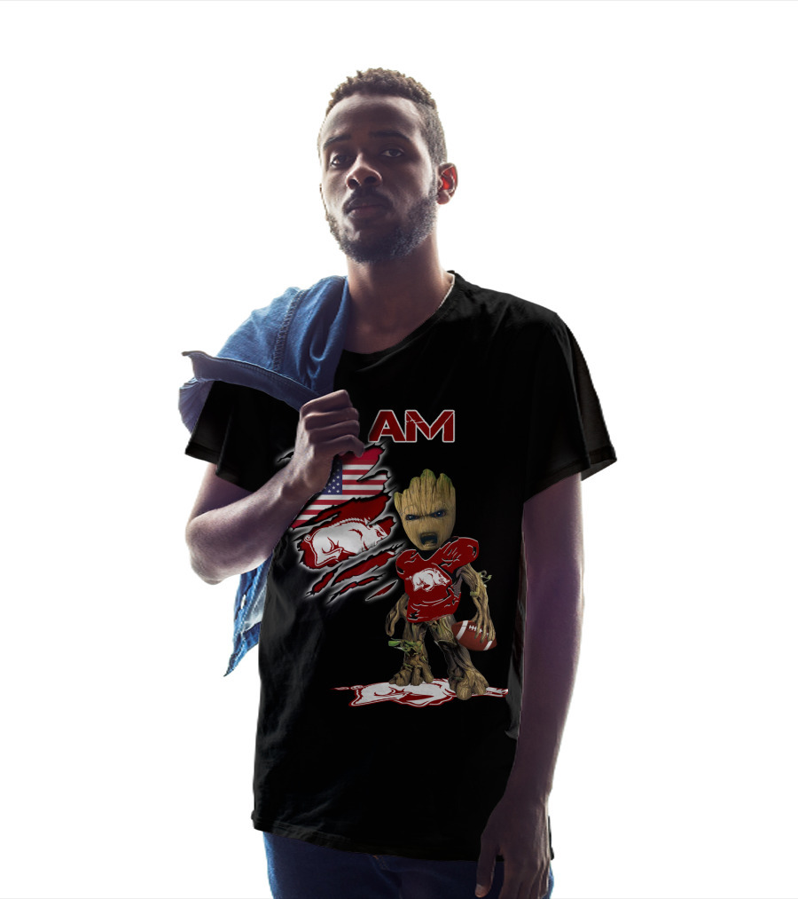 I Am Baby Groot Arkansas Razorbacks Football American Flag T-Shirt