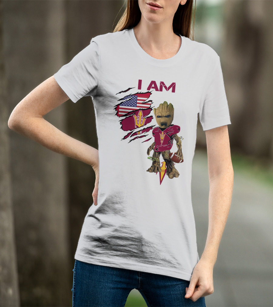 I Am ASU Baby Groot Football American Flag T-Shirt