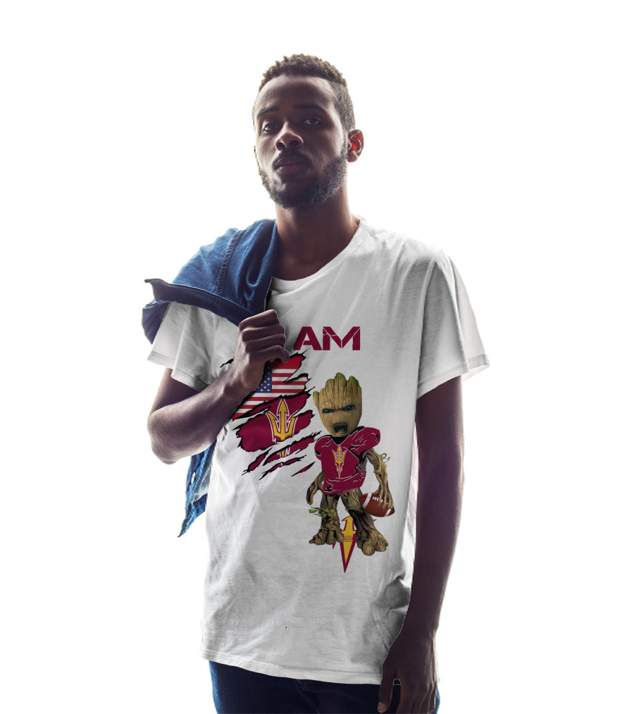 I Am ASU Baby Groot Football American Flag T-Shirt