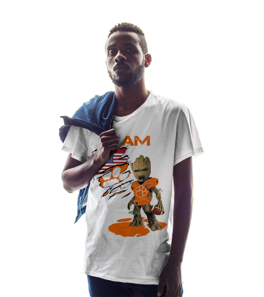 I AM Clemson Baby Groot American Flag Tiger Paw Football T-Shirt