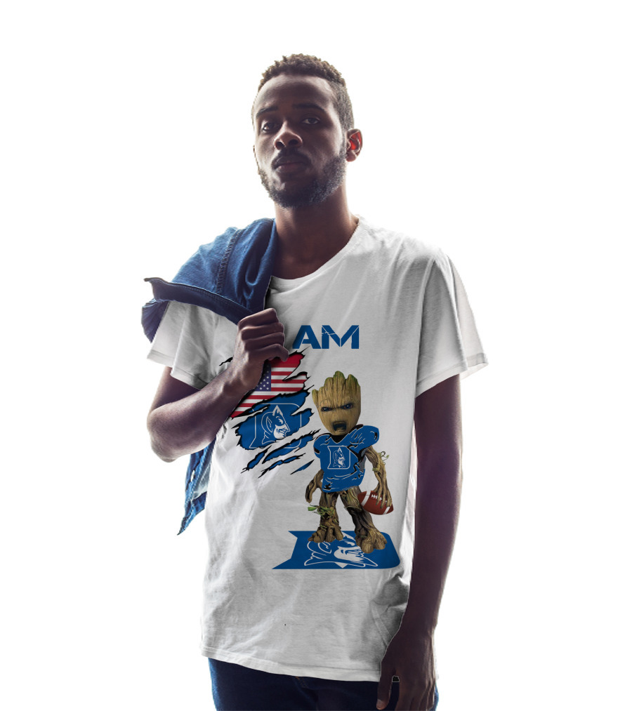 I Am Duke Baby Groot Holding Football With American Flag T-Shirt