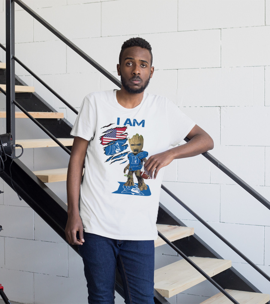I Am Duke Baby Groot Holding Football With American Flag T-Shirt