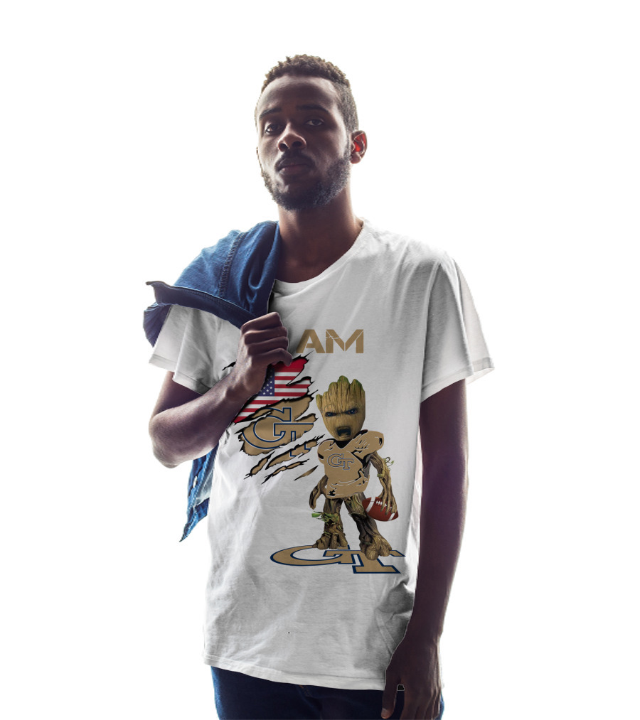 I AM Geo Baby Groot Football GT American Flag T-Shirt