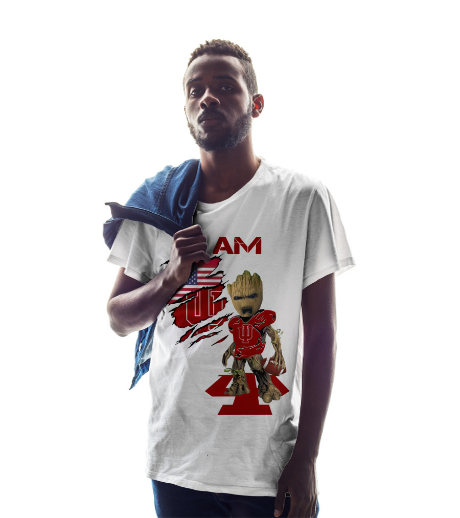 I AM Indiana Hoosiers Baby Groot Football USA Flag T-Shirt