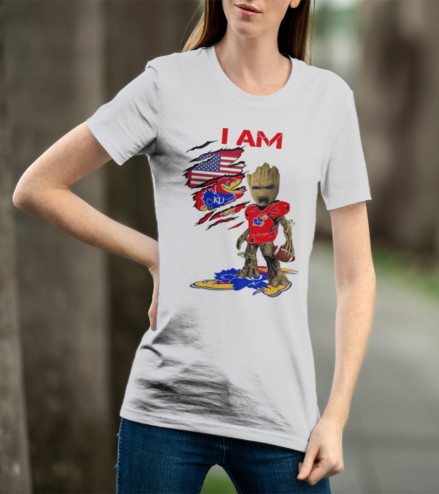 I AM Baby Groot KU Football Jayhawks American Flag T-Shirt