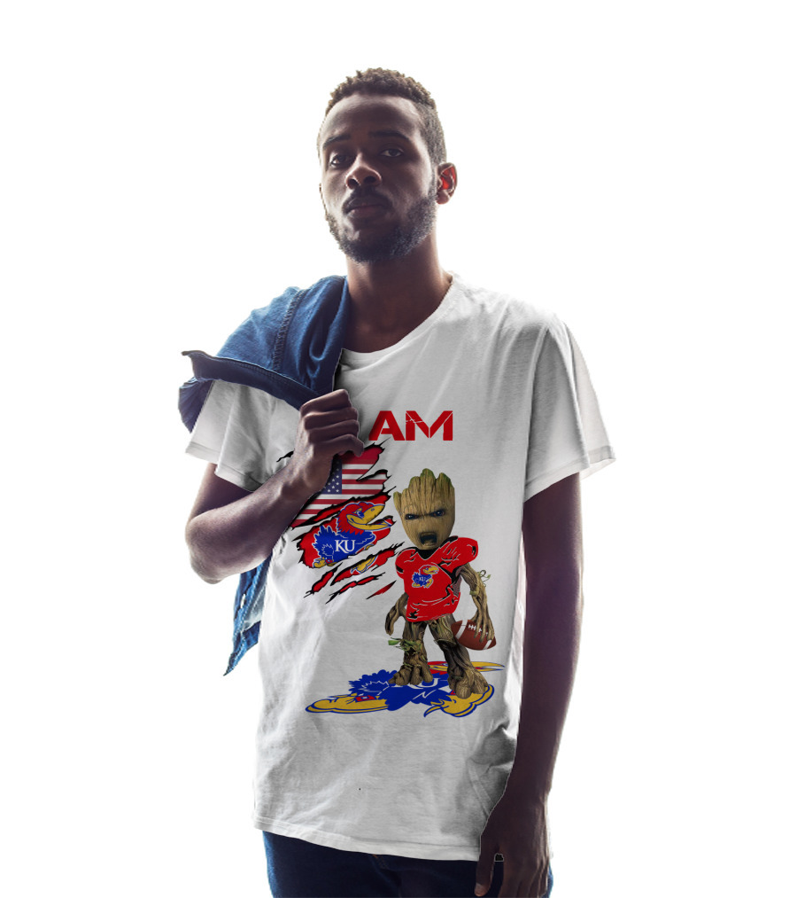 I AM Baby Groot KU Football Jayhawks American Flag T-Shirt