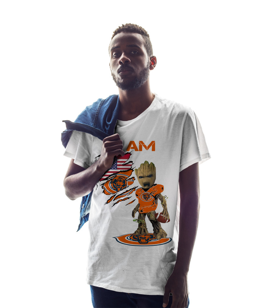 I AM Bears Baby Groot Holding Football With American Flag And Chicago Bears T-Shirt
