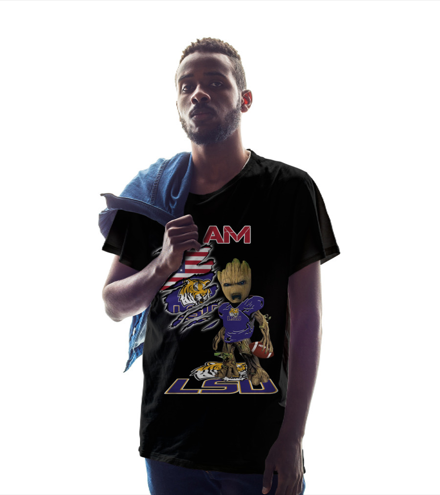 I AM LSU Baby Groot LSU Football Tigers American Flag T-Shirt