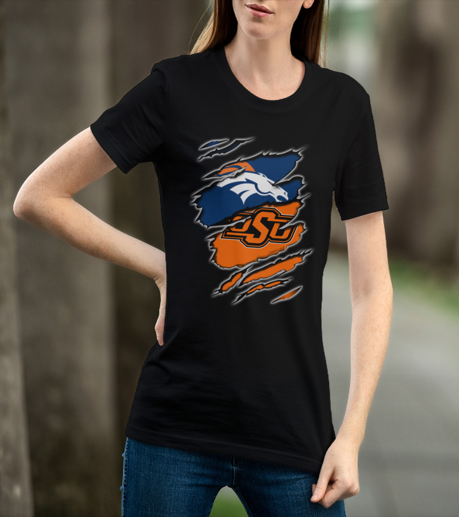 Denver Broncos Oklahoma State Osu Ripped Design Integration T-Shirt