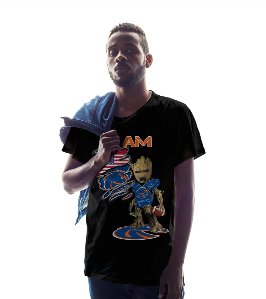 I Am Boise State Broncos Baby Groot Football American Flag T-Shirt