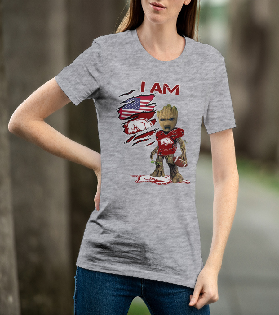 I Am Arkansas Baby Groot Razorbacks Football USA Flag T-Shirt