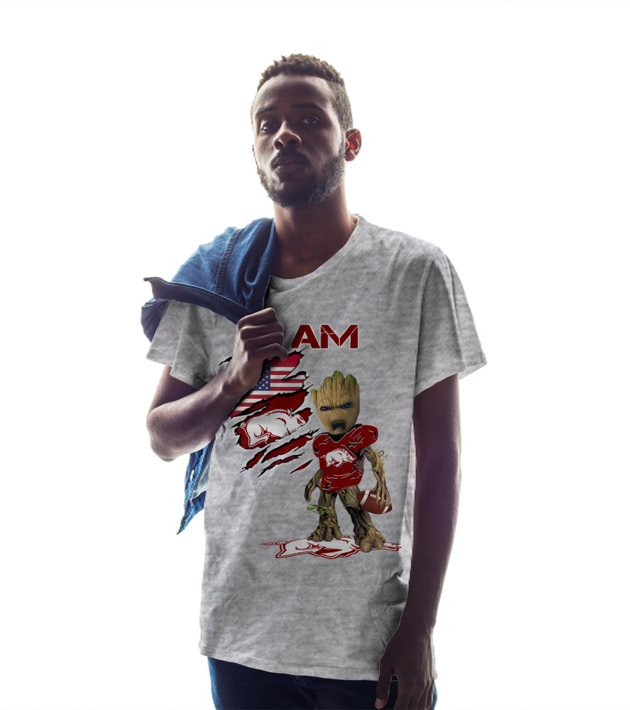 I Am Arkansas Baby Groot Razorbacks Football USA Flag T-Shirt